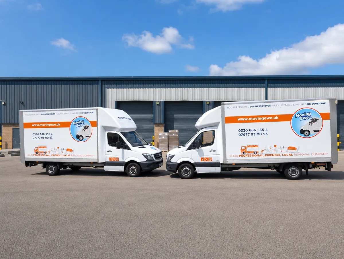 Two Moving Ewe branded Mercedes Luton removal vans parked outside a warehouse