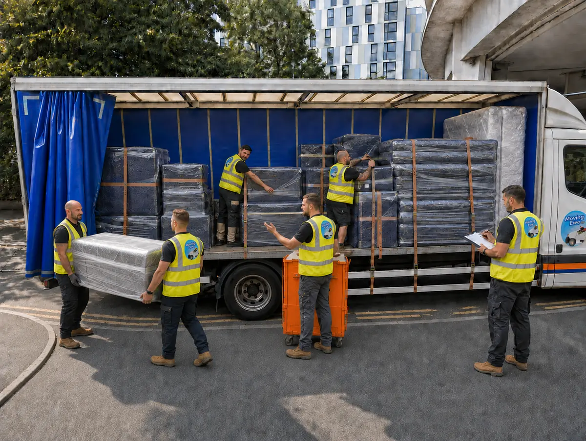 Moving Ewe branded removal vehicles and professional moving team