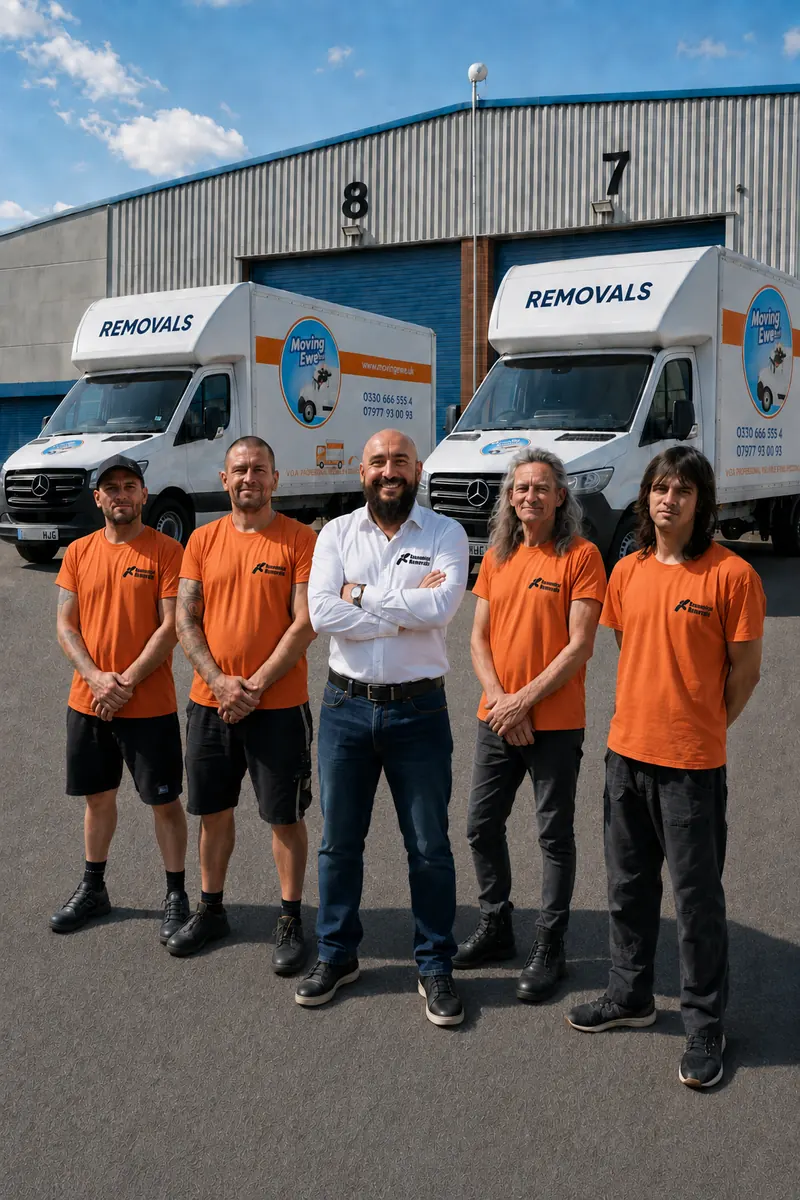 Moving Ewe team in front of removal vans