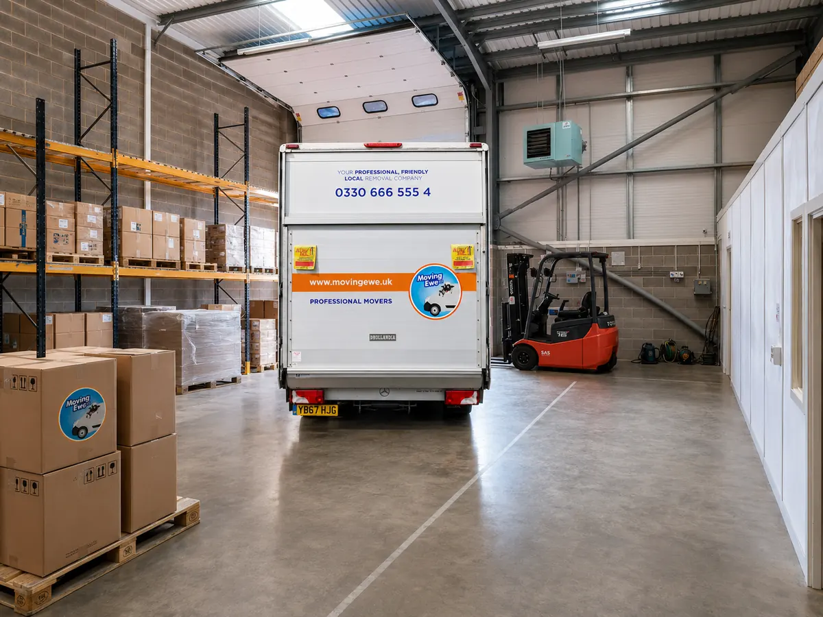 Moving Ewe branded van in a warehouse loading area